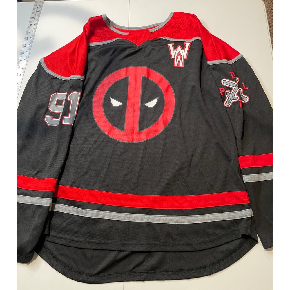 Marvel Deadpool Hockey Jersey Mens XL Black Red Freeze Long Sleeve Mesh Shirt